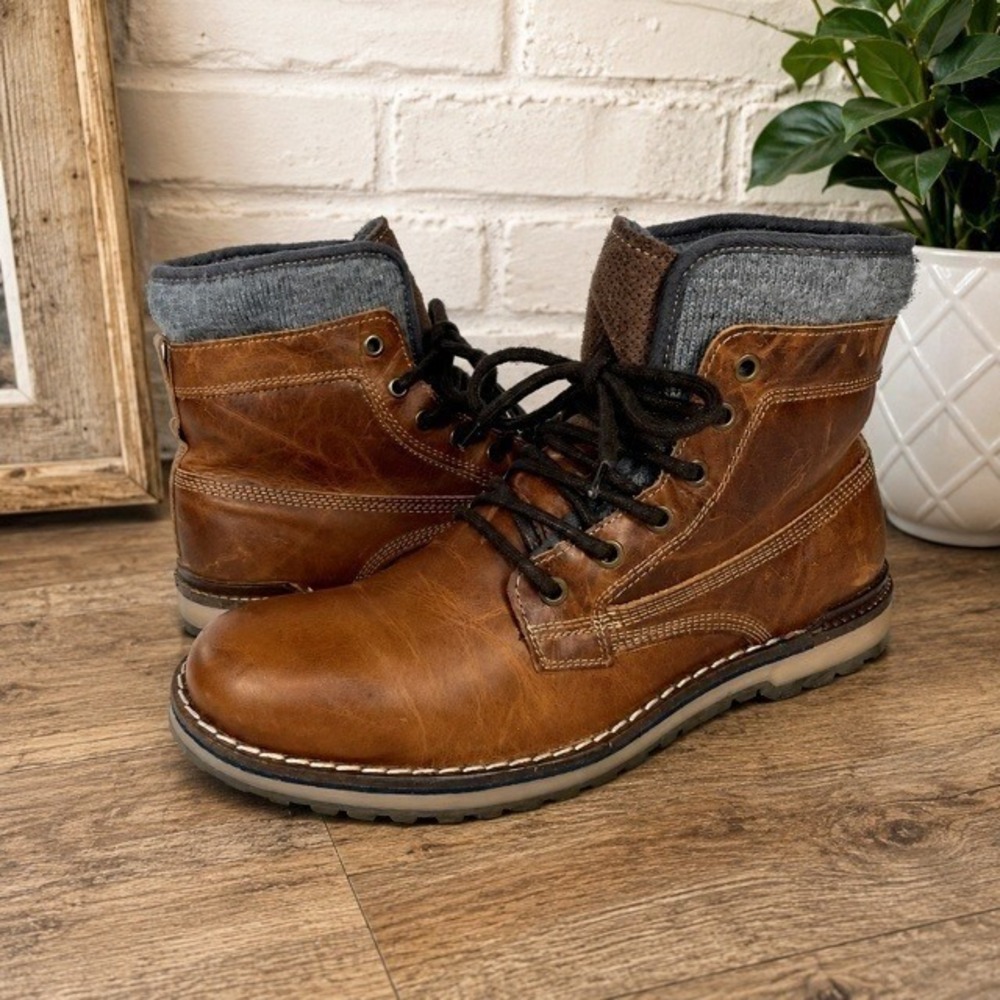 ALDO Prearia Brown Leather Boots Men's 10 Knit Lined Lace‎ Up Lug Sole